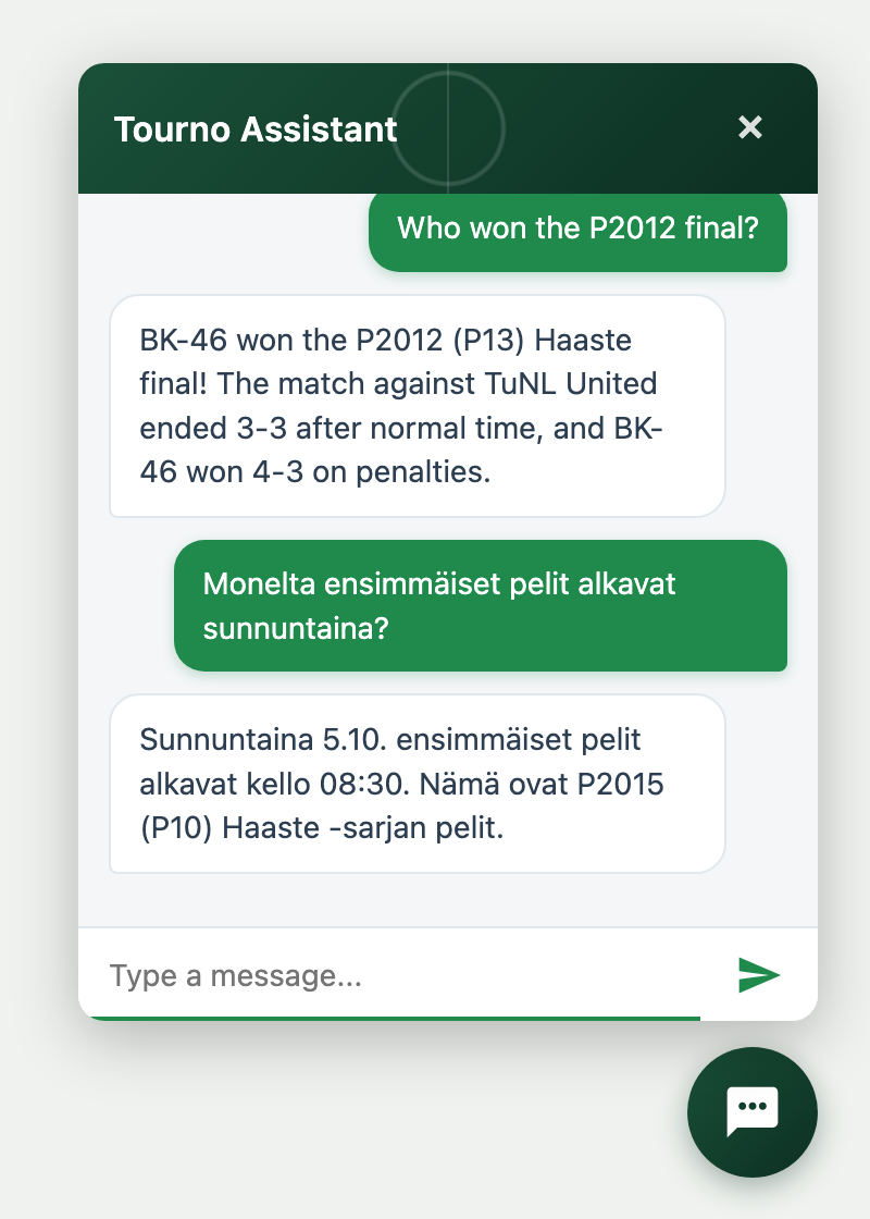 Tourno Assistant answering in English and Finnish
