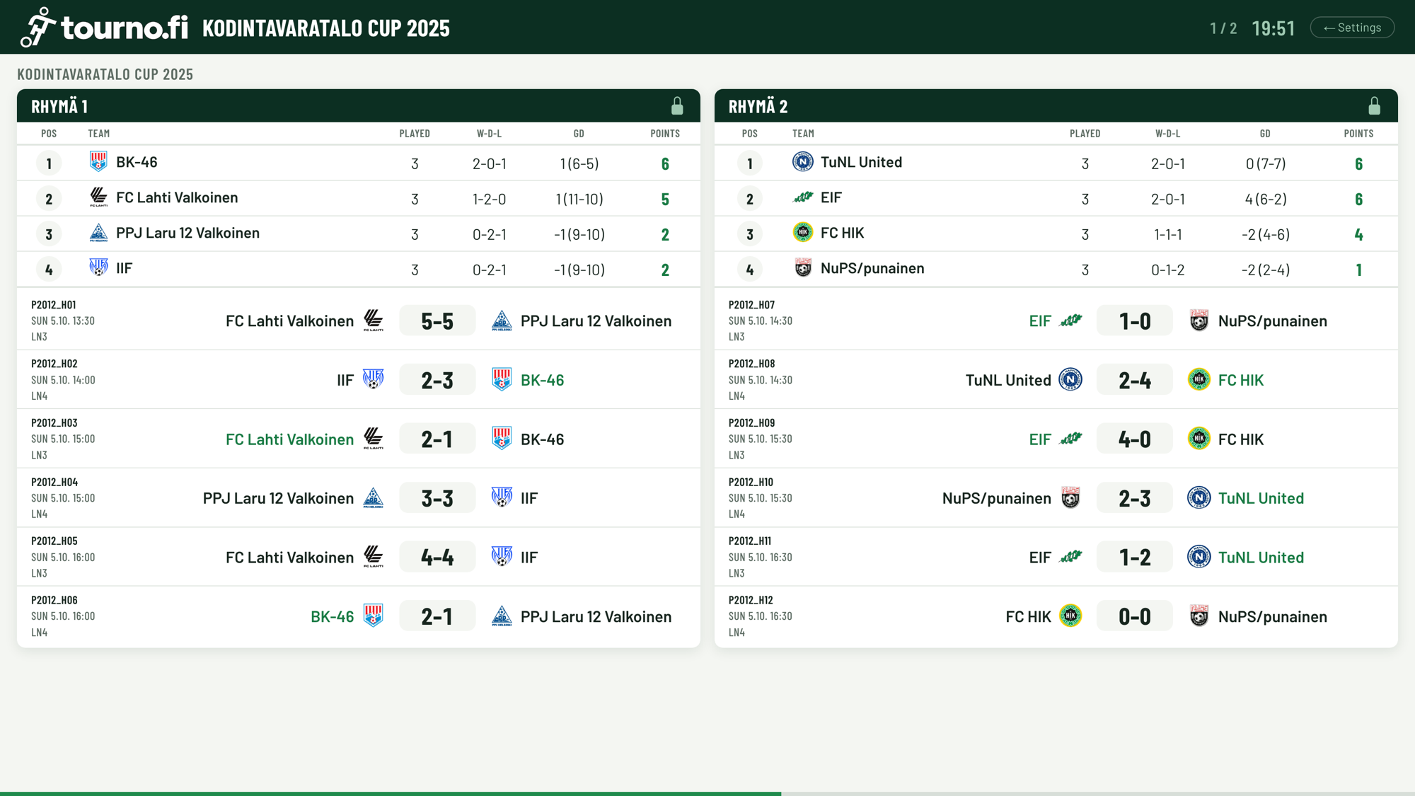 Matchday presentation board with live standings and results