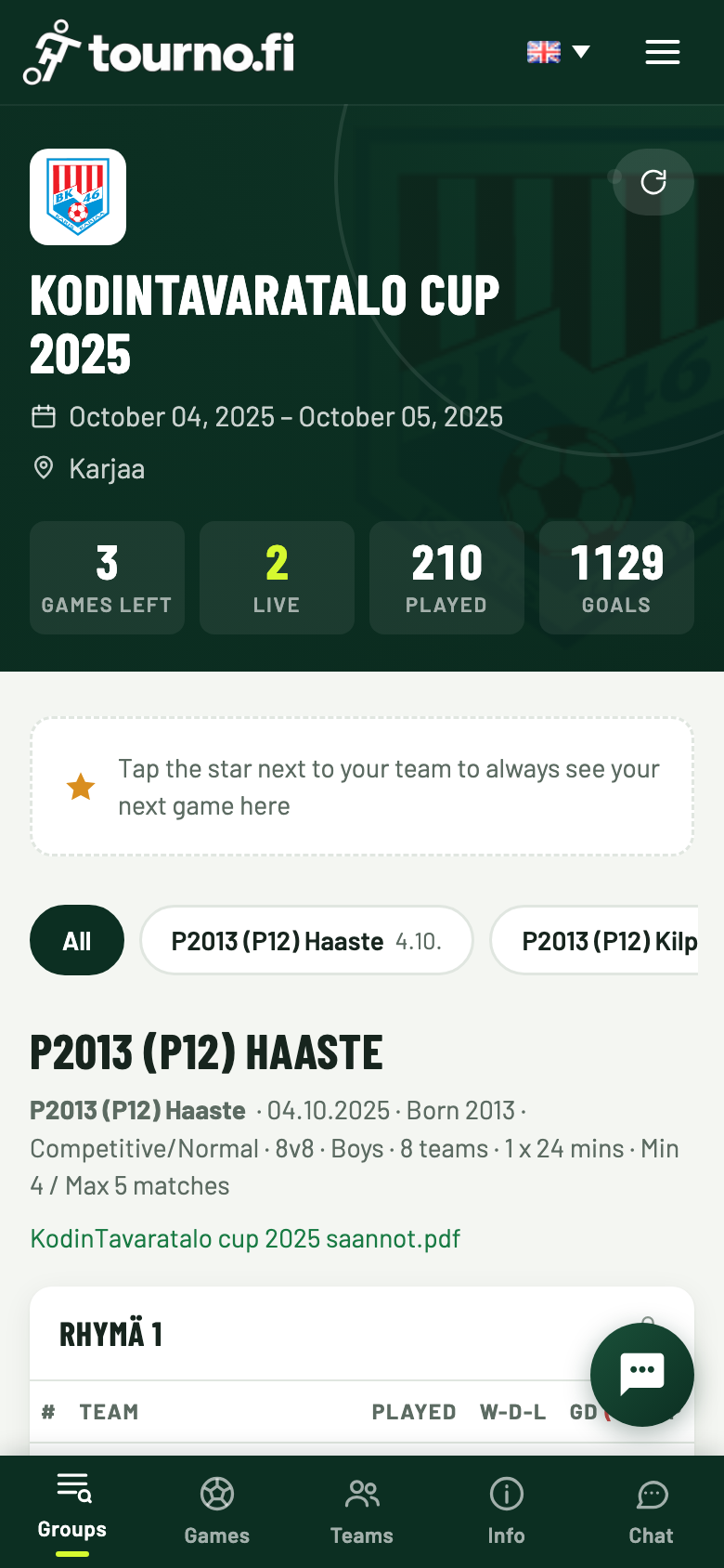 Live tournament results on a phone