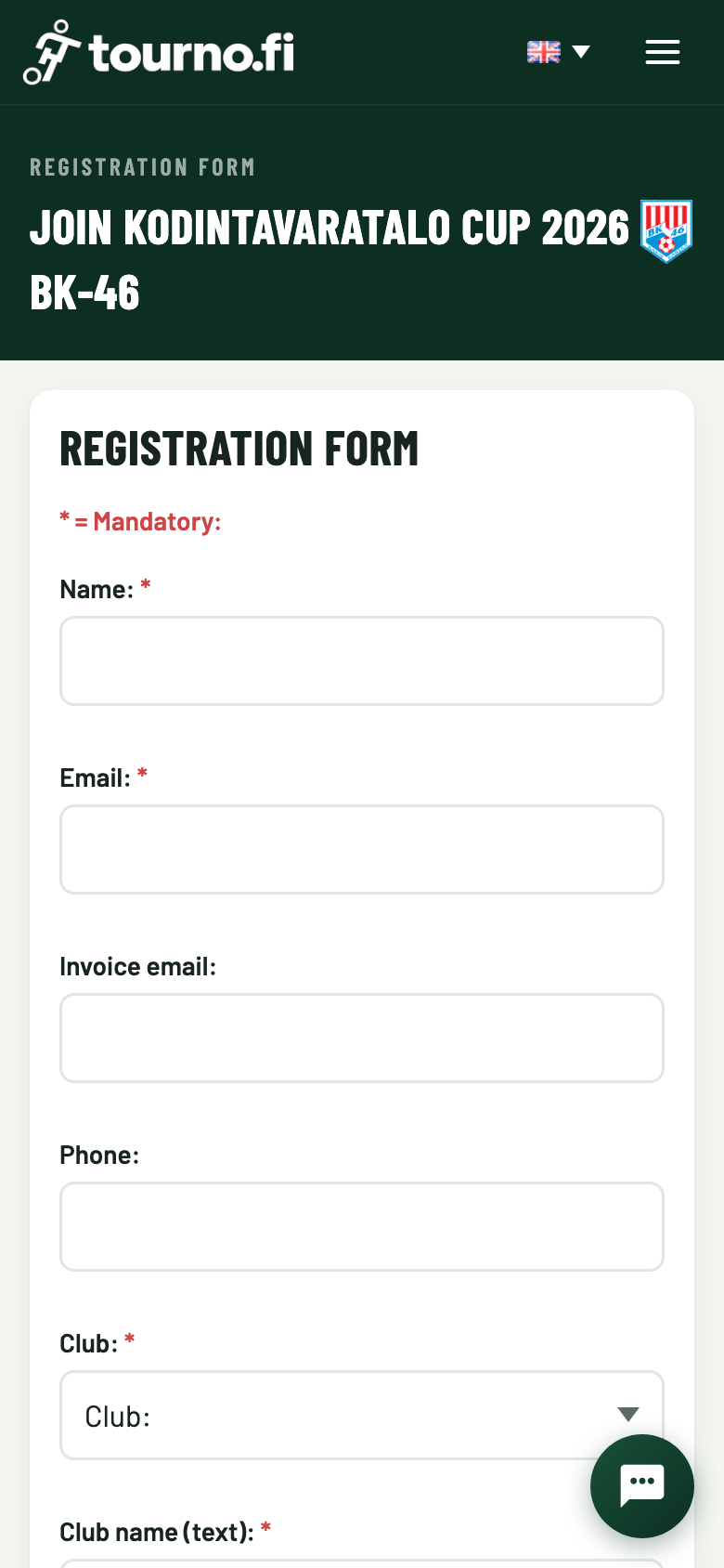 Team registration form on a phone